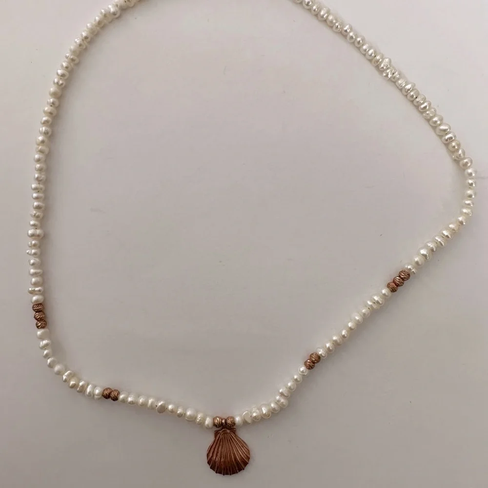 925 Silver pearl necklace with seashell 14k rose gold plated